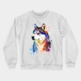 Rainbow Siberian Husky Watercolor Art Crewneck Sweatshirt